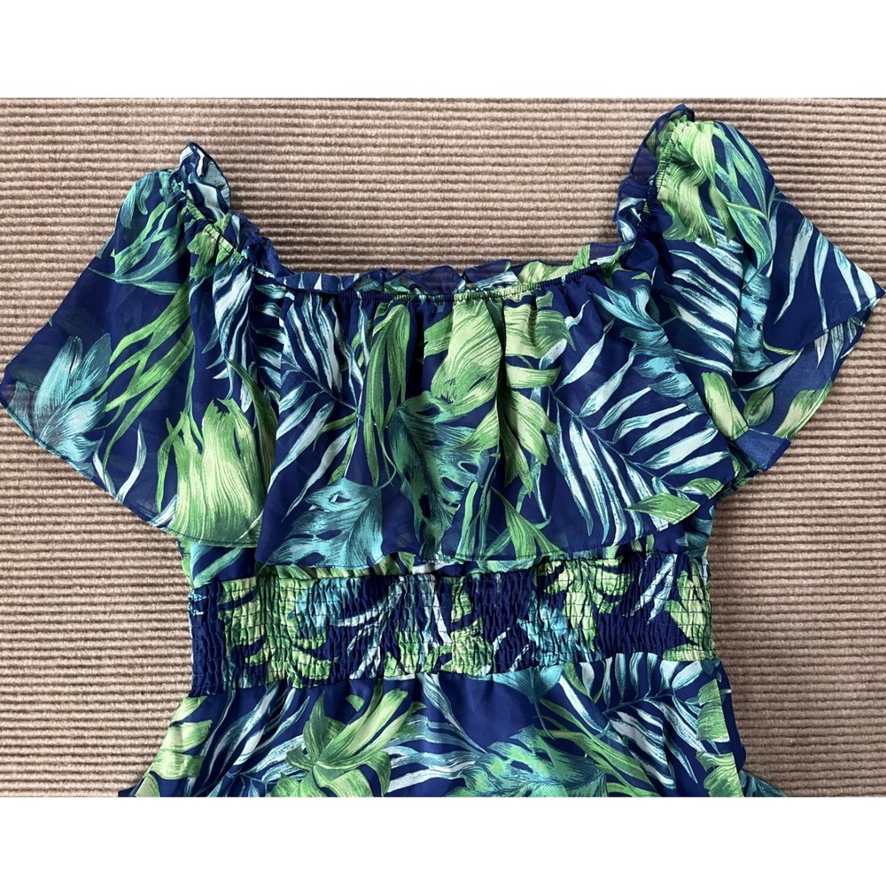 Rabbit Rabbit Designs Tropical Palm Leaf Off Shoulder Handkerchief Dress XL Blue - Picture 3 of 8